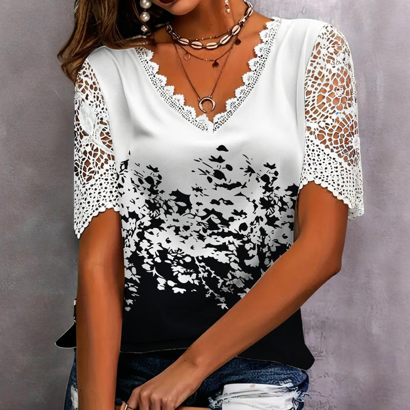 【S-4XL】👚Csipkés patchwork nyomtatott rövid ujjú felső