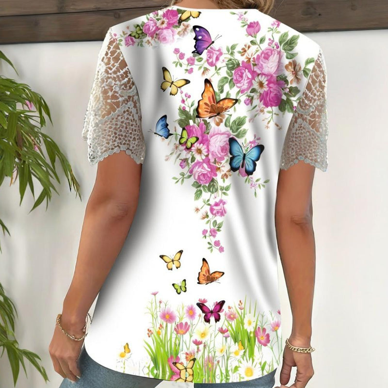 【S-4XL】👚Csipkés patchwork nyomtatott rövid ujjú felső