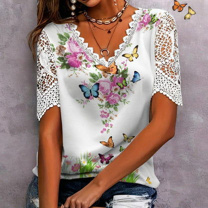 【S-4XL】👚Csipkés patchwork nyomtatott rövid ujjú felső