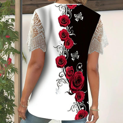 【S-4XL】👚Csipkés patchwork nyomtatott rövid ujjú felső