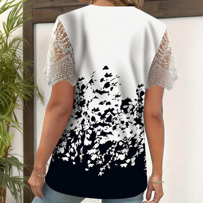 【S-4XL】👚Csipkés patchwork nyomtatott rövid ujjú felső